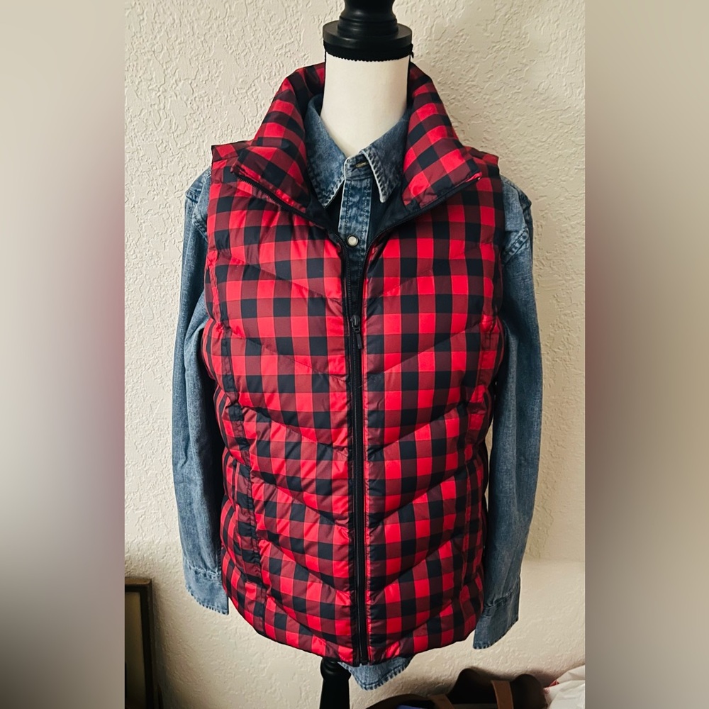 Lands End Down Red and Black Checkered Puffer Vest